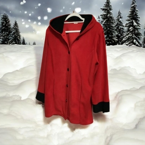 Polar Fleece Red And Blackk jacketed with hood size L black at end of sleeves🌹 - Picture 1 of 8